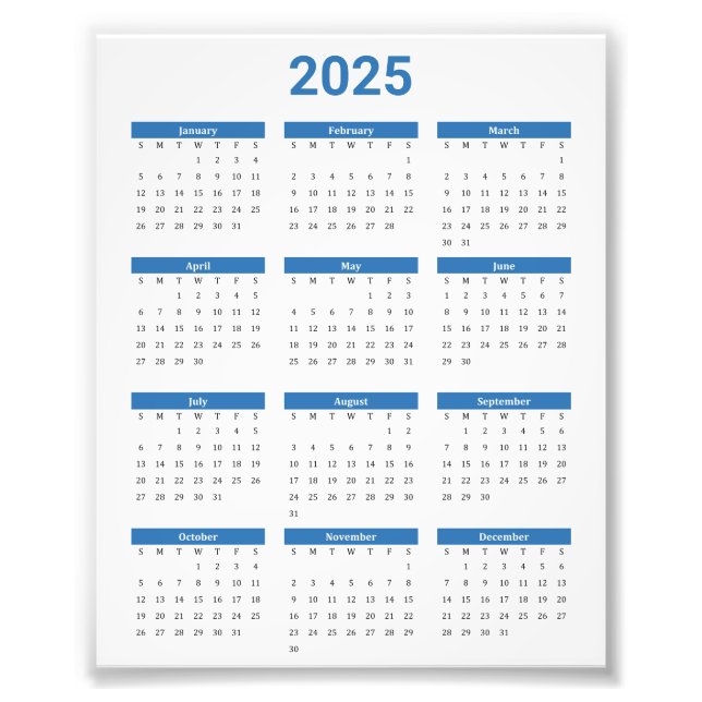 Blue and White 2025 Year At A Glance Calendar Photo Print (Front)