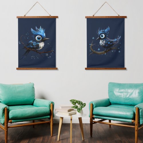 Blue and White Abstract Blue Jay Couple Hanging Tapestry