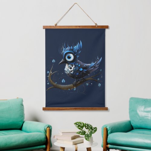Blue and White Abstract Blue Jay Left Facing Hanging Tapestry
