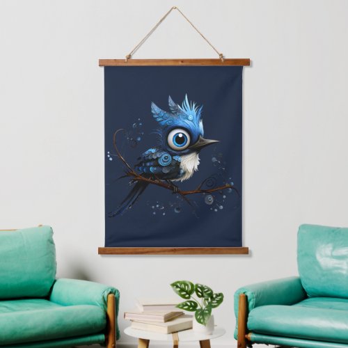 Blue and White Abstract Blue Jay Right Facing Hanging Tapestry