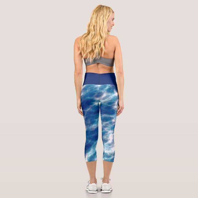 Blue and White Abstract Capri Leggings (Back)