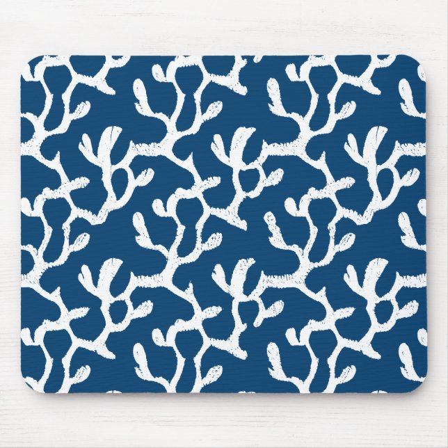 Blue And White Abstract Coral Repeating Pattern Mouse Pad (Front)
