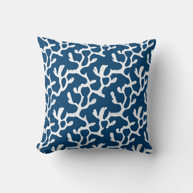 Blue And White Abstract Coral Repeating Pattern Throw Pillow (Front)