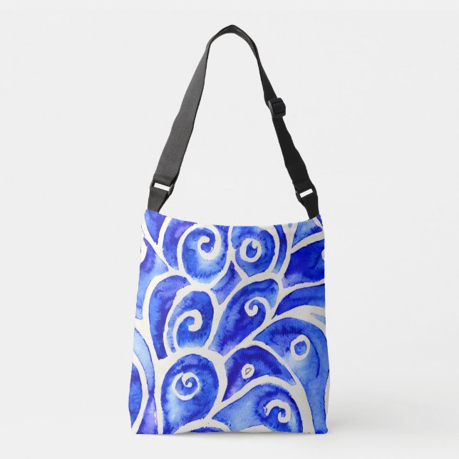 Blue and White Abstract Curly Design Pattern Crossbody Bag (Front)