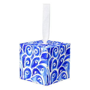 Blue and White Abstract Curly Design Pattern Cube Ornament