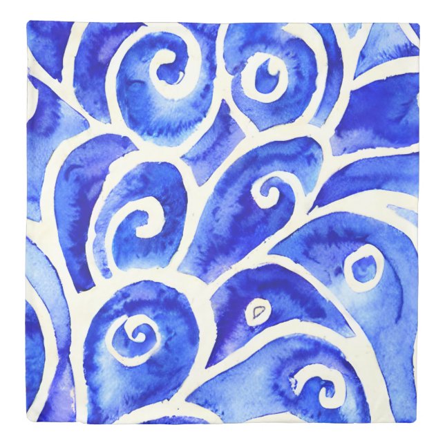 Blue and White Abstract Curly Design Pattern Duvet Cover (Front)