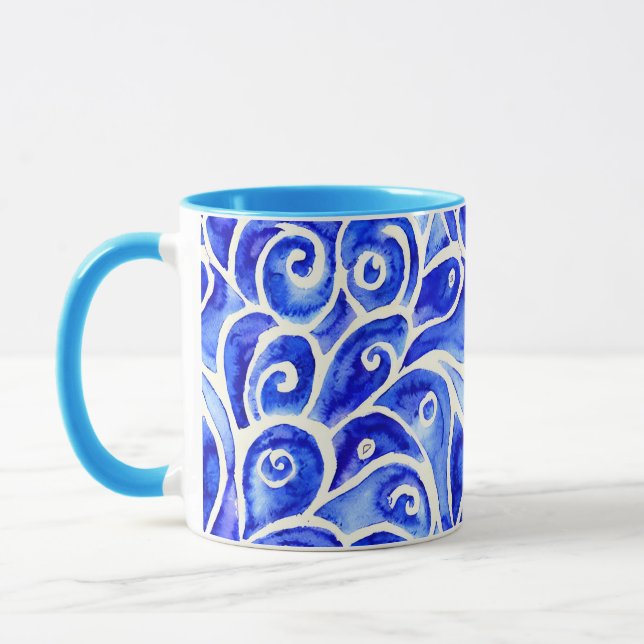 Blue and White Abstract Curly Design Pattern Mug (Left)