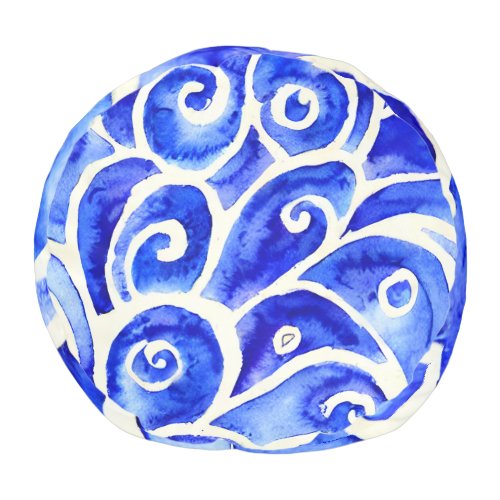 Blue and White Abstract Curly Design Pattern Pouf