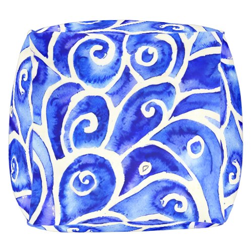 Blue and White Abstract Curly Design Pattern Pouf