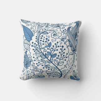 Blue and White Abstract Floral Outdoor Pillow