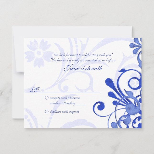 Blue and White Abstract Floral Response Card (Front)