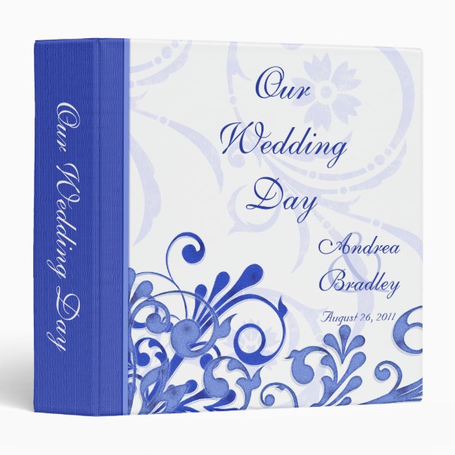 Blue and White Abstract Floral Wedding Binder (Front/Spine)