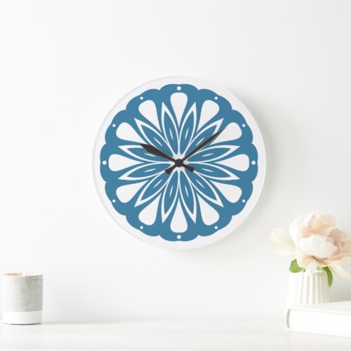 Blue and White Abstract Flower Large Clock