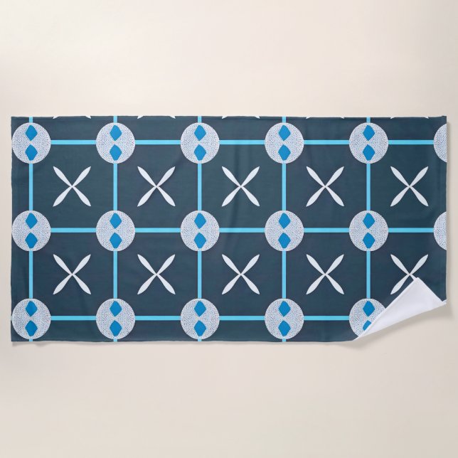 Blue and White Abstract Geometric Pattern Beach Towel (Front)