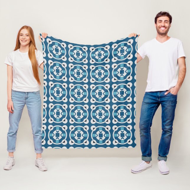 Blue and White Abstract Geometric Pattern Fleece Blanket (In Situ)