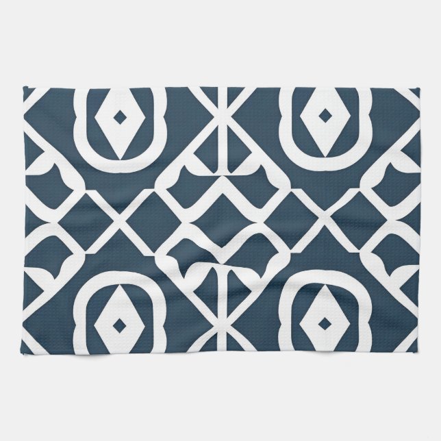 Blue and White Abstract Geometric Pattern Kitchen Towel (Horizontal)