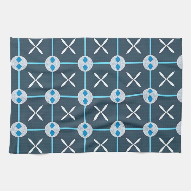 Blue and White Abstract Geometric Pattern Kitchen Towel (Horizontal)