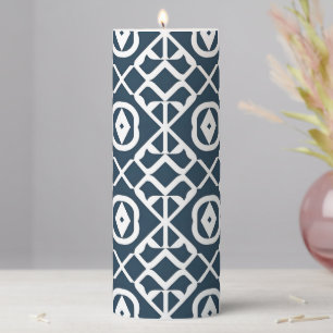 Blue and White Abstract Geometric Pattern Pillar Candle