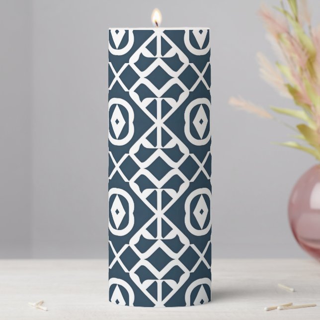 Blue and White Abstract Geometric Pattern Pillar Candle (In Situ)