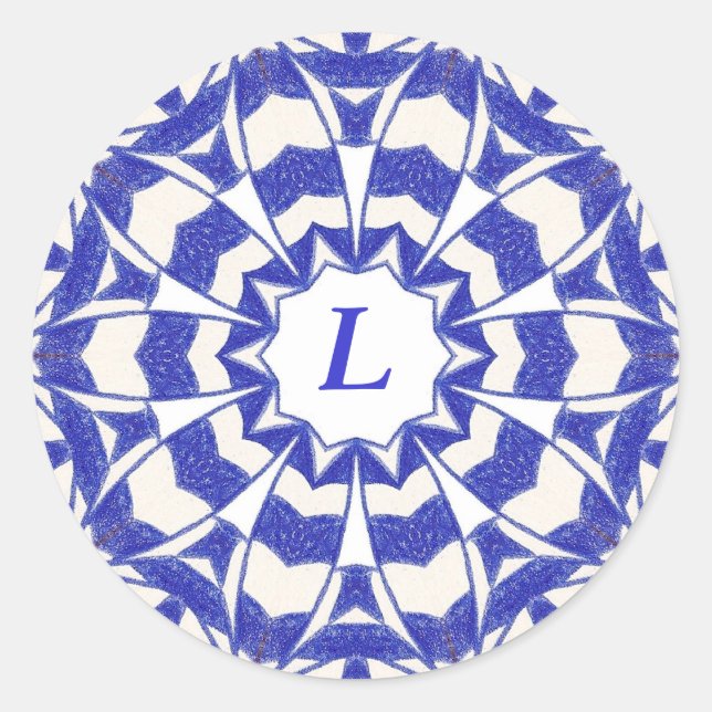 Blue and White Abstract Petals Monogram Stickers (Front)