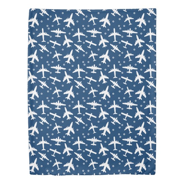 Blue and White Aeroplane Patterned Duvet Cover (Front)