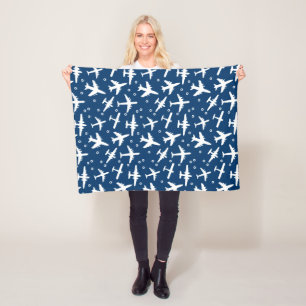 Blue and White Airplane Pattern Fleece Blanket