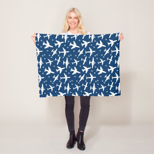 Blue and White Airplane Pattern Fleece Blanket (In Situ)