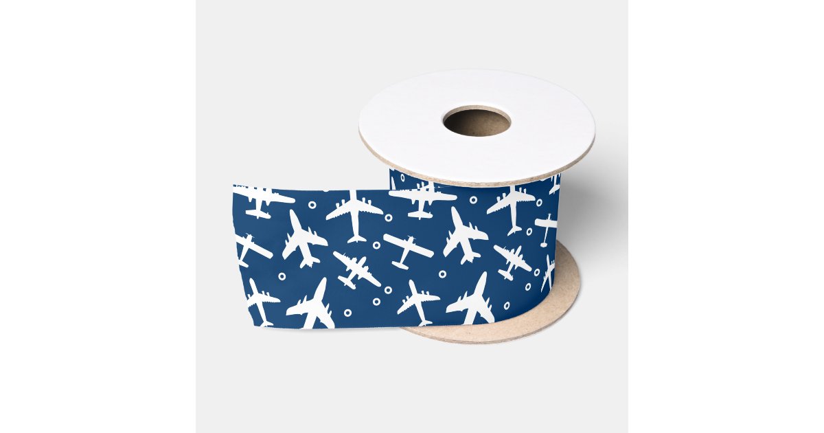 Blue and White Airplanes Aviation Themed Satin Ribbon | Zazzle