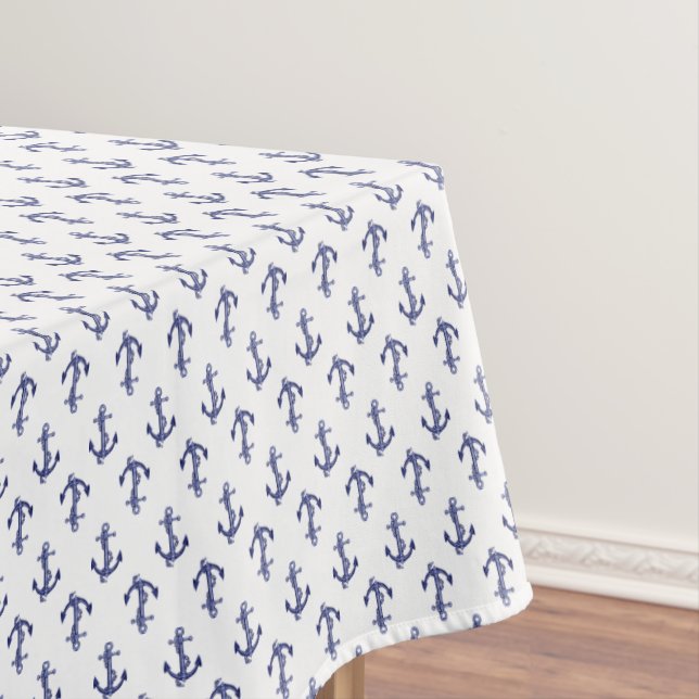 Blue and white allover anchor pattern tablecloth (In Situ)