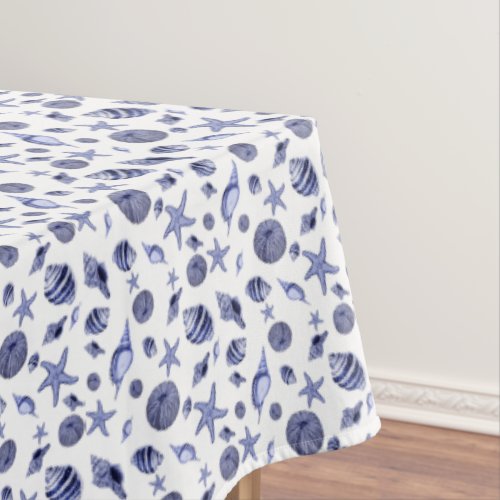 Blue and white allover seashells tablecloth