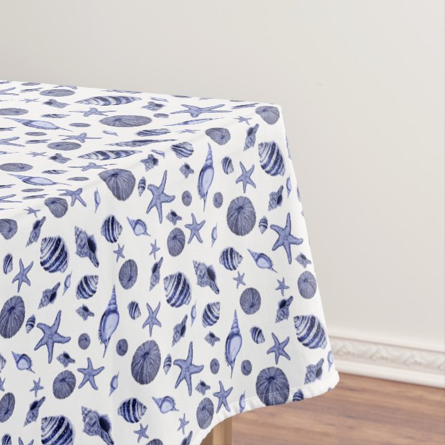 Blue and white allover seashells tablecloth (In Situ)