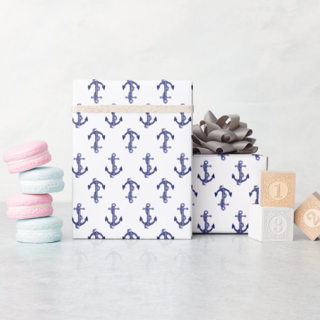 Blue and white anchor allover pattern wrapping paper (Baby Shower)