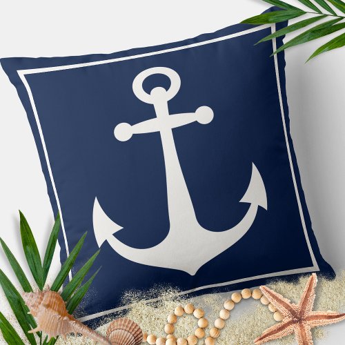 Blue and White Anchor Nautical Boat Beach Throw Pillow