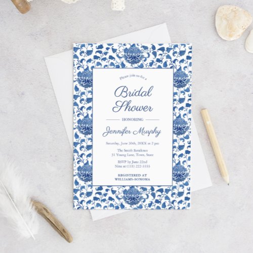 Blue And White Antique Chinoiserie Bridal Shower Invitation