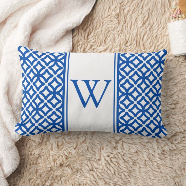 Blue and White Arabic Trellis Monogram Lumbar Pillow (Blanket)