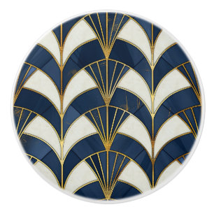 Blue and White Art Deco Pattern Ceramic Knob