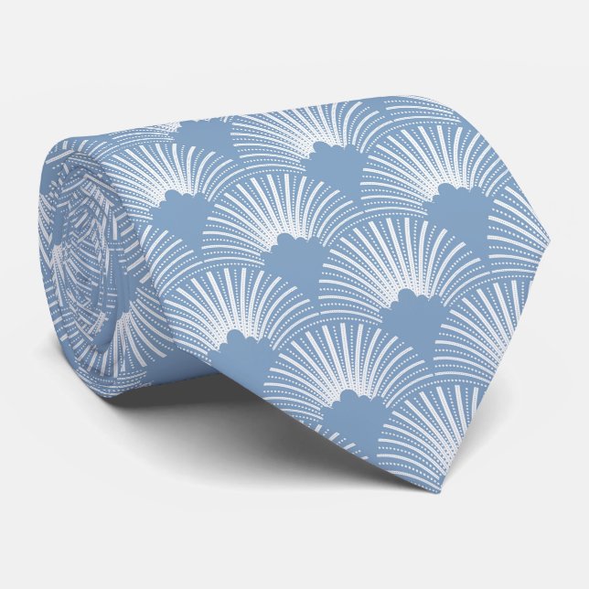 Blue and white Art Deco pattern Neck Tie (Rolled)