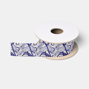 Blue and White Art Deco Rabbit Tile Gift Wrapping Satin Ribbon