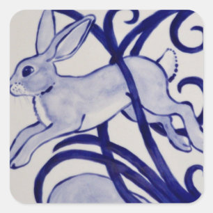 Blue and White Art Deco Rabbit Tile Gift Wrapping Square Sticker