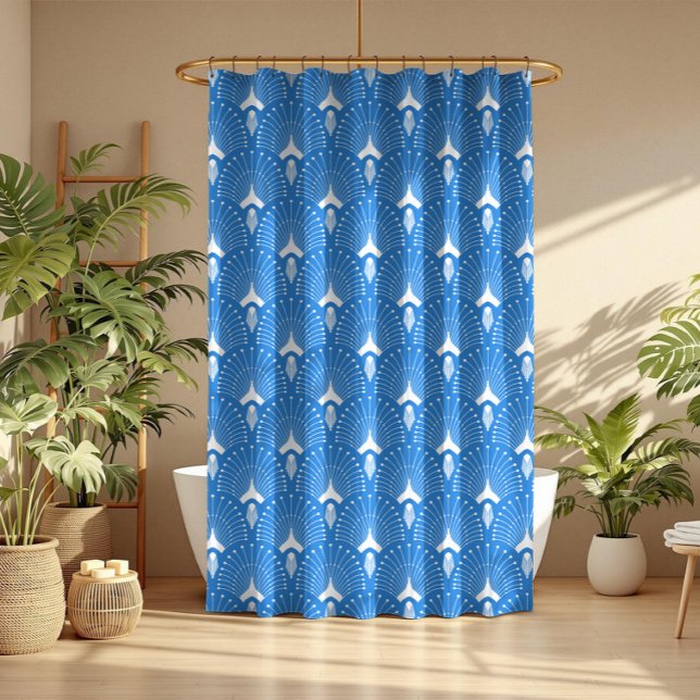 Blue and white art-deco seamless pattern shower curtain (Creator Uploaded)