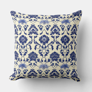 Blue and White Art Nouveau Chinoiserie Peony Flora Throw Pillow