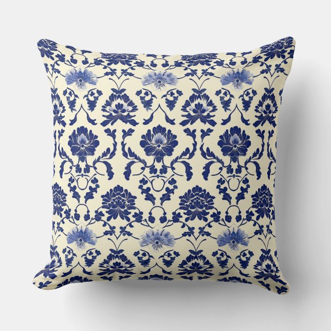 Blue and White Art Nouveau Chinoiserie Peony Flora Throw Pillow (Front)