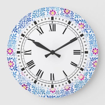 Blue And White Arts And Crafts Floral Large Clock by VillageDesign at Zazzle