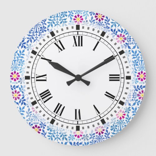 Blue and white arts and crafts floral large clock