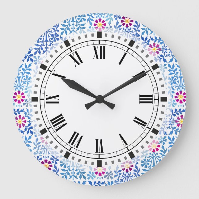 Blue and white arts and crafts floral large clock (Front)