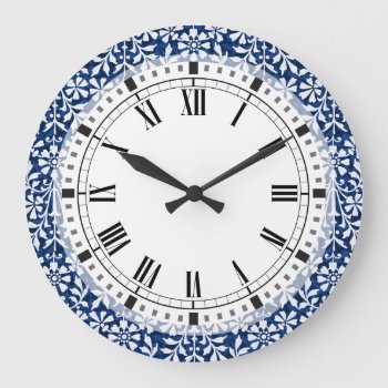 Blue And White Arts And Crafts Large Clock by VillageDesign at Zazzle
