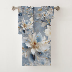 Blue and White Arty Gold Edge Flowers  Bath Towel Set