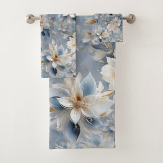 Blue and White Arty Gold Edge Flowers Bath Towel Set
