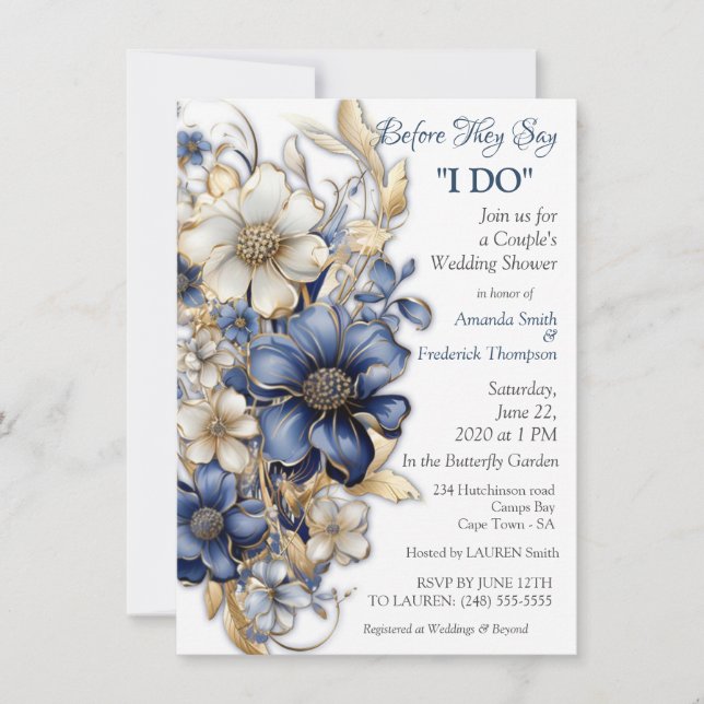 Blue and White Arty Gold Edge Flowers  Invitation (Front)
