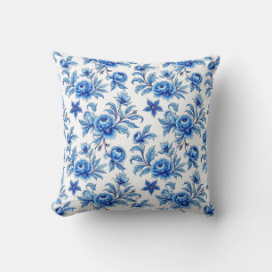 Blue and White Asian Floral Throw Pillow